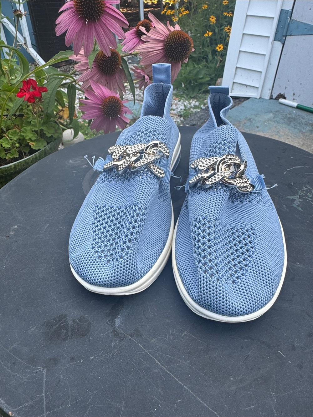 Light Blue Knit Slip-On Sneakers with Silver Chain Accent